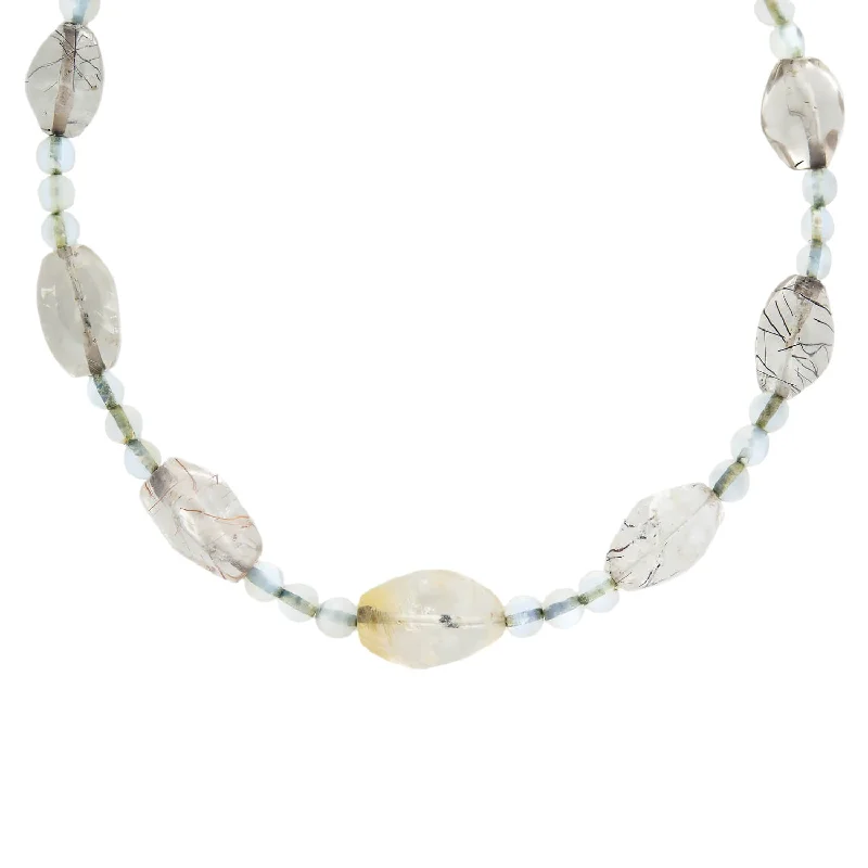 women’s chic statement necklaces-Retro Rainbow Moonstone Bead + Rutilated/Tourmalated Quartz Necklace with 14kt Clasp