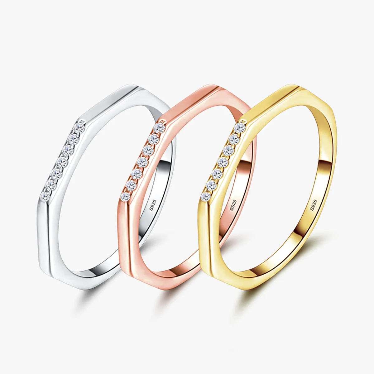 women’s statement rings-Simple Style Hexagon Sterling Silver Plating Inlay Zircon 14k Gold Plated Rose Gold Plated Rhodium Plated Rings