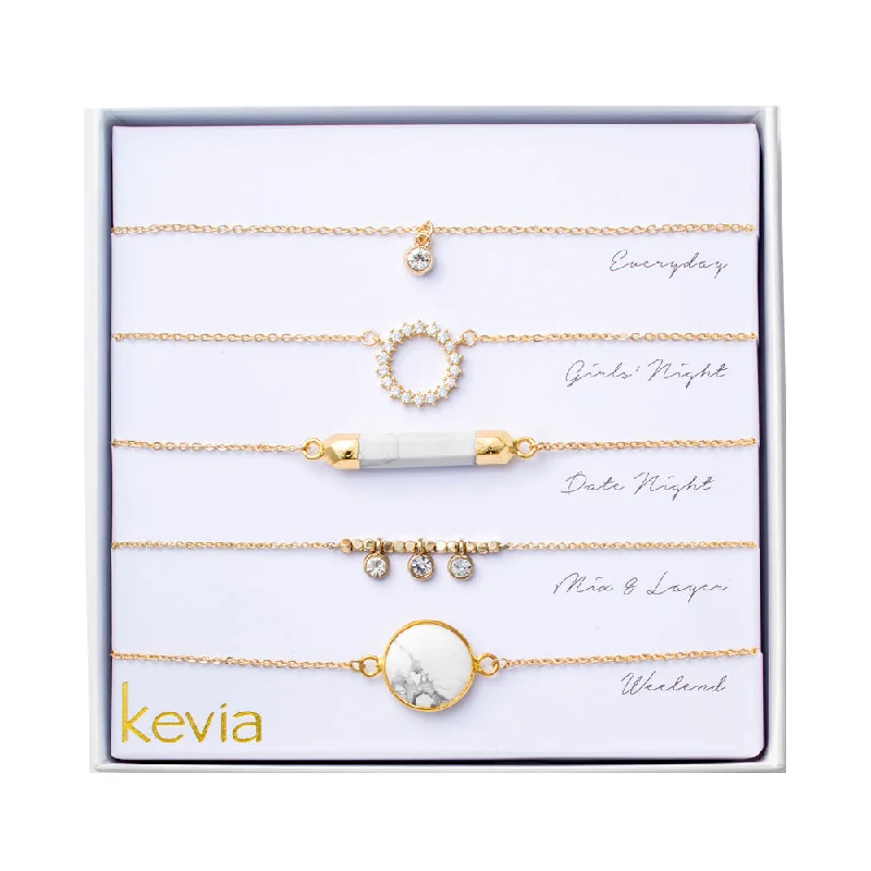 women’s cross charm necklaces-Gold and Natural Marbled Stone Necklace Set