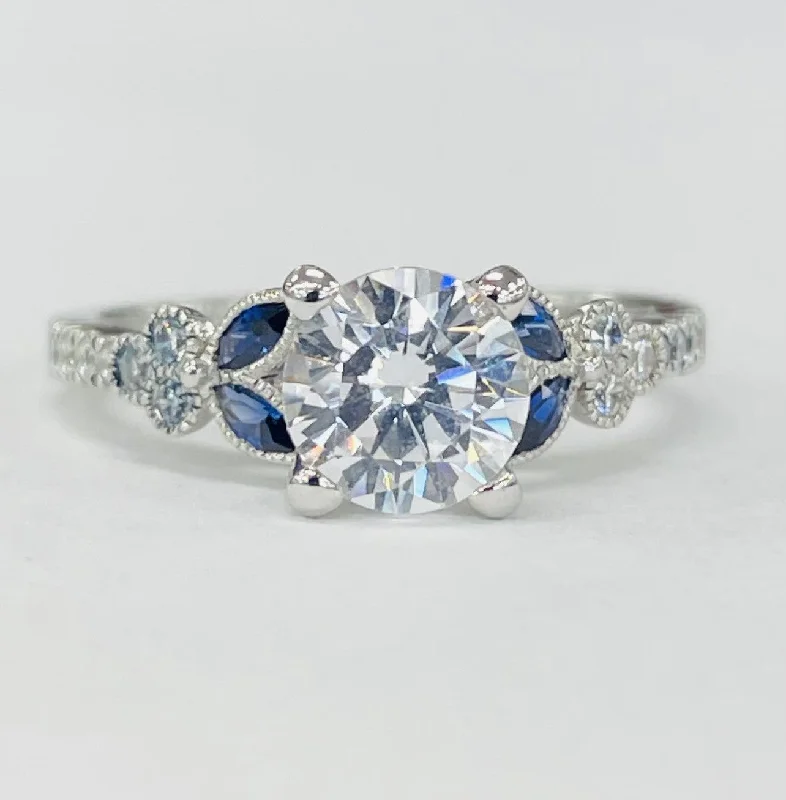 simple gemstone engagement rings-Romance - Vintage Inspired Sapphire And Diamond Floral Setting