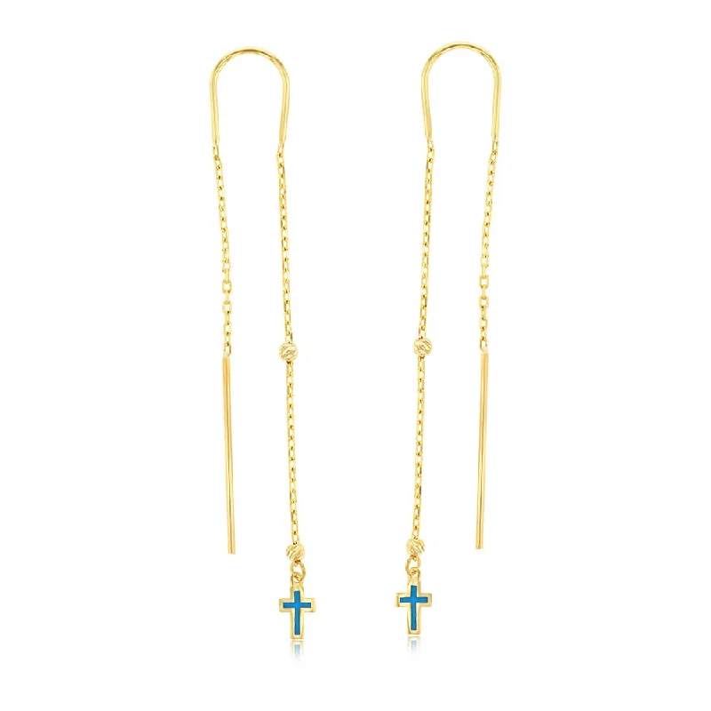 women’s modern dangle earrings-9ct Yellow Gold Blue Eanmel Cross On Threader Earrings