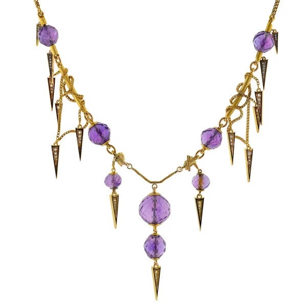 women’s vintage pendant necklaces-Victorian Amethyst & Diamond Enameled Festoon Necklace