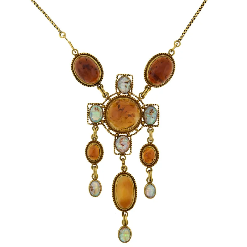 women’s luxury pendant necklaces-Art Nouveau Egyptian Revival 14kt Amber + Carved Opal Scarab Necklace