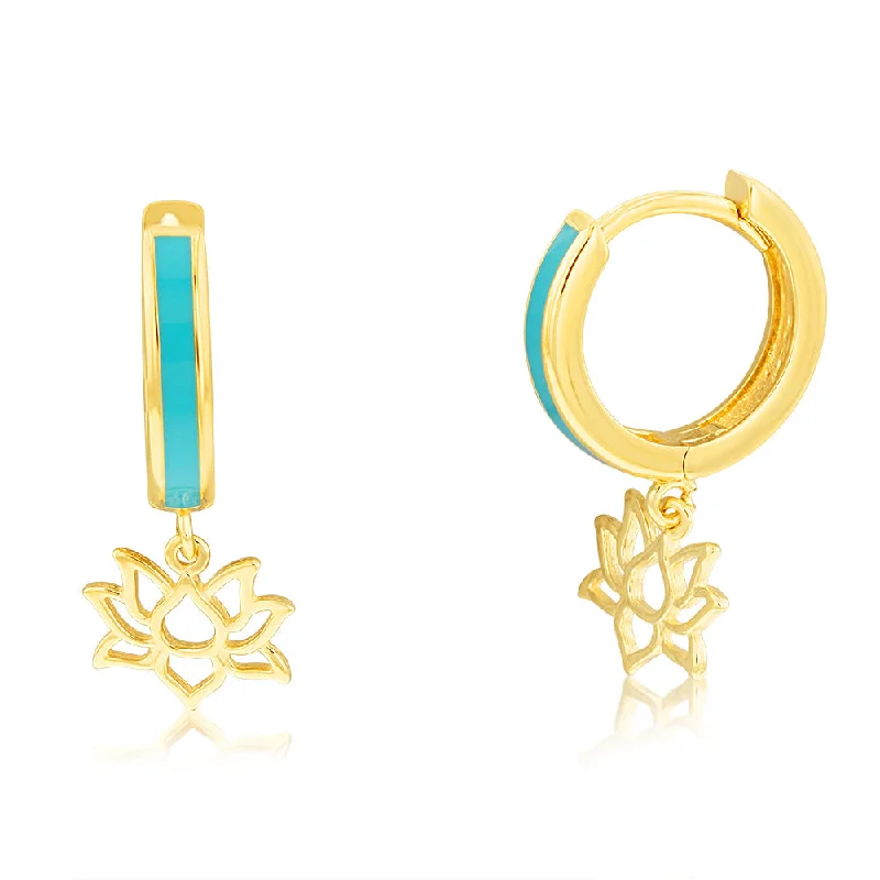 women’s multi-gemstone stud earrings-9ct Yellow Gold Lotus On Blue Enamel Sleeper Earrings