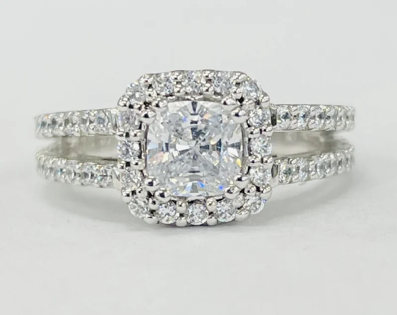 romantic platinum engagement rings-Romance - Modern Split Shank Halo Diamond Setting