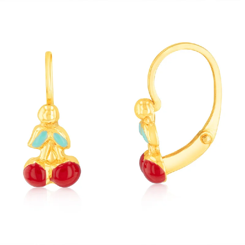 women’s geometric earrings-9ct Yellow Gold Enamel Pair Of Cherries Hook Earrings