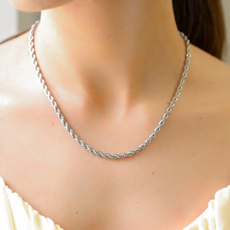 women’s retro gemstone necklaces-Rival SILVER Necklace Stainless Steel Twist Rope Chain 15 Inch