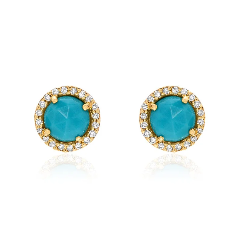 women’s unique drop earrings-14k Gold Rose Cut Turquoise with Diamond Halo Post Earrings