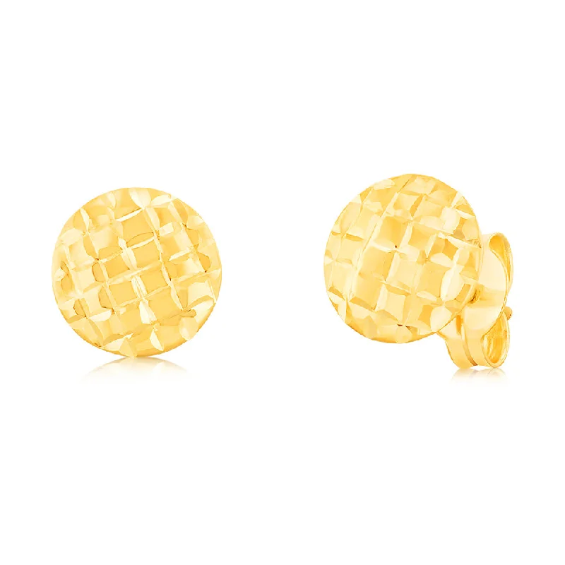 women’s trendy earrings-9ct Yellow Gold Patterned Round Disc Stud Earrings