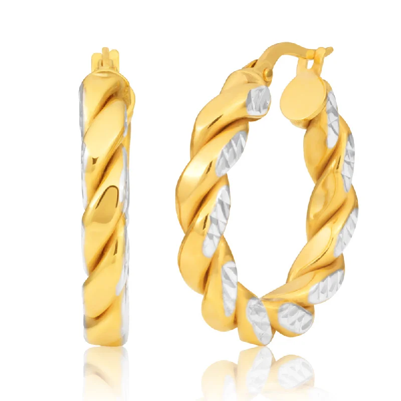 women’s fashion drop earrings-9ct Two-Tone 15mm Fancy Twist Diamond Cut Pattern Hoop Earrings