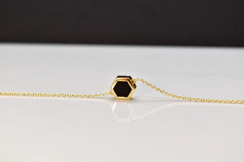 women’s minimalist diamond necklaces-Short Geometric Necklace with Black and Gold Hexagon Charm, Minimal Necklace in 14k Gold