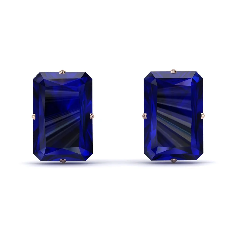 women’s aquamarine earrings-Hidden Halo Emerald Cut Sapphire Earrings  - Vanessa No. 29