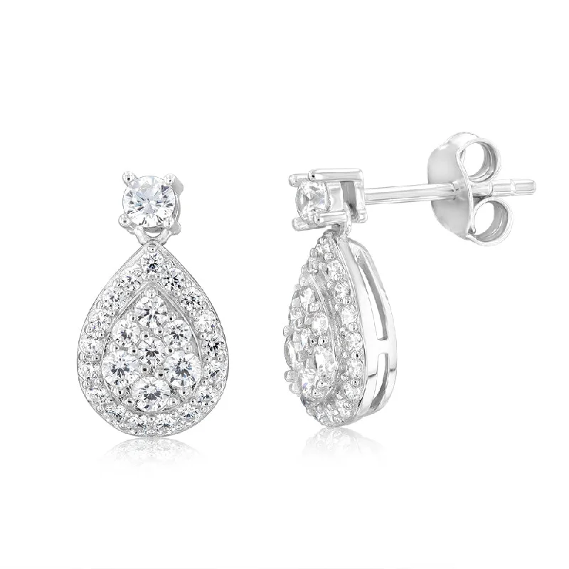 women’s geometric hoop drop earrings-Sterling Silver Rhodium Plated White Cubic Zirconia Pear Shaped Stud Earrings