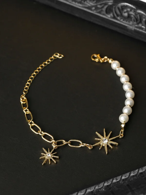 women’s minimalist bracelet-Priyaasi Women White American Diamond Pearls Gold Plated Star Link Bracelet