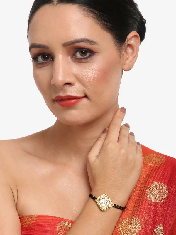 women’s crystal beaded bracelet-Women's Black Gold-Plated Kundan Mangalsutra Bracelet - Ruby Raang