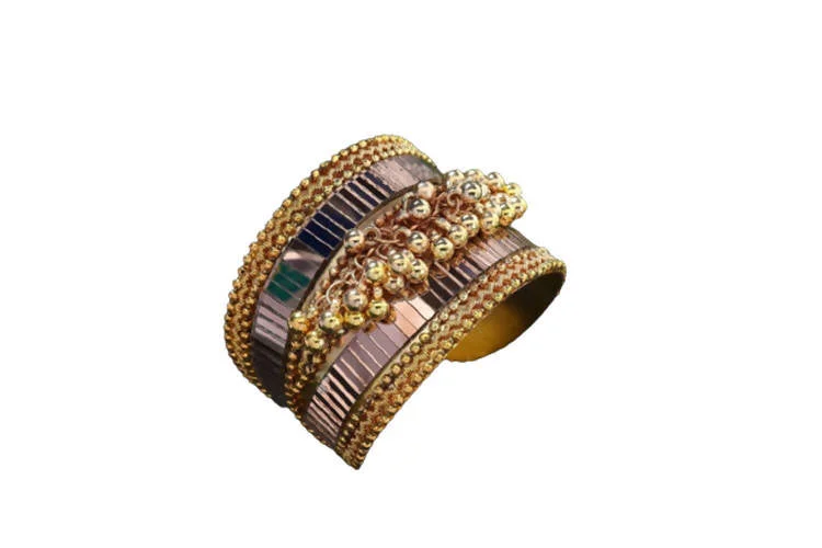 women’s delicate crystal bracelet-Mominos Fashion Gold Plated Oxidised Mirror & Ghungroo Cuff openable Bracelet (MF0512)