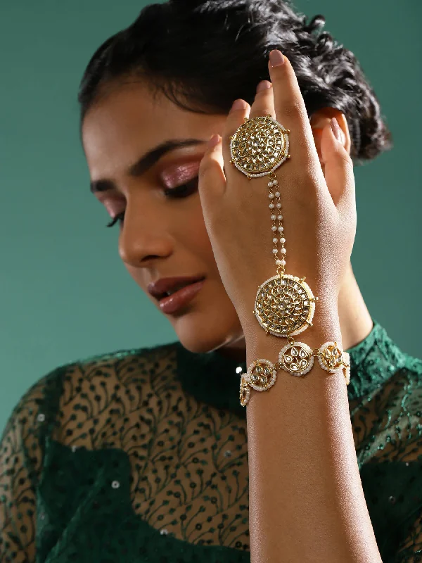 women’s embossed bangle-Women's Gold-Toned White Brass Kundan Gold-Plated Charm Bracelet - Ruby Raang