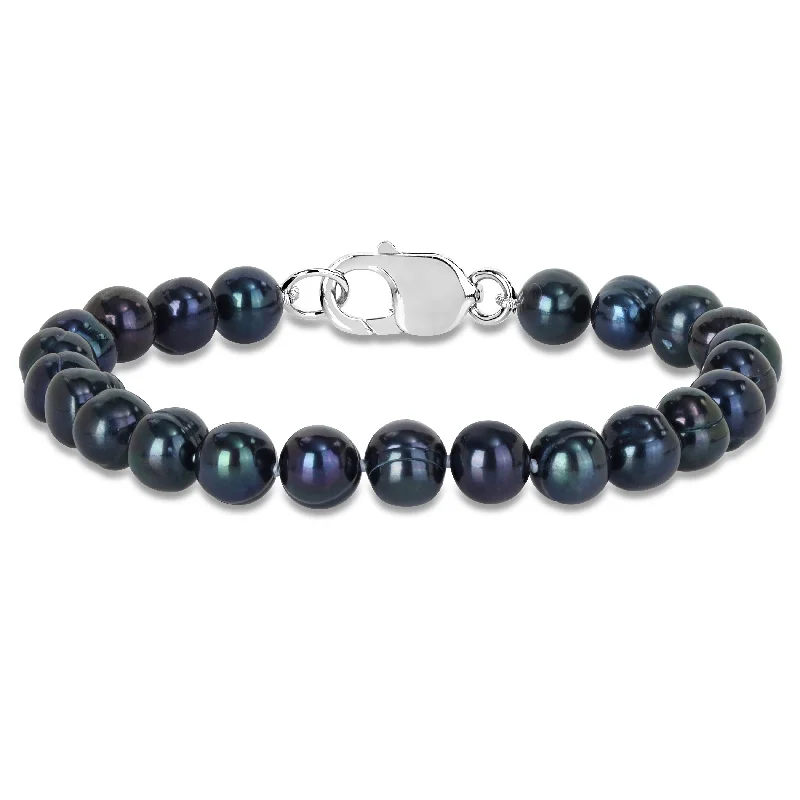 women’s pearl bracelet-Miadora 8-8.5mm Men's Black Cultured Freshwater Pearl Bracelet with Sterling Silver