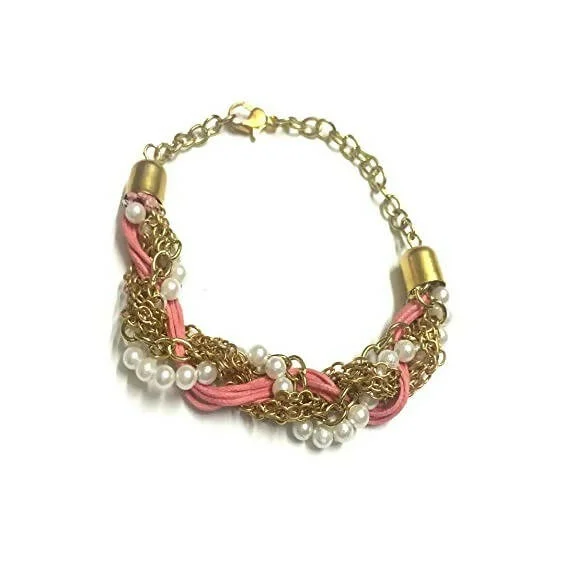 women’s colorful stackable bangle-Tiaraa Pink Golden Pearl Charm Bracelet For Women