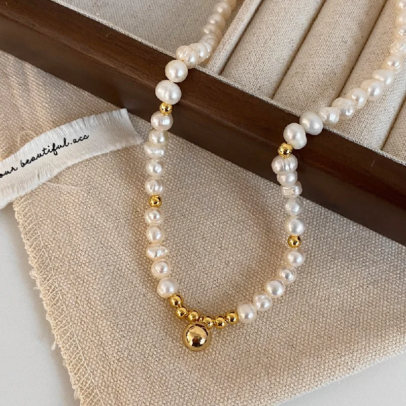 Freshwater Pearl Golden Ball Pendant Necklace