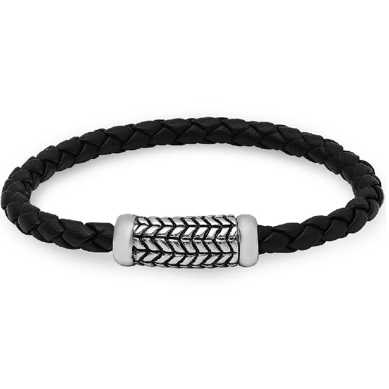 women’s trendy bracelet-Oxford Ivy Braided Black Leather Bracelet with Magnetic Stainless Steel Clasp -8 3/4 inches