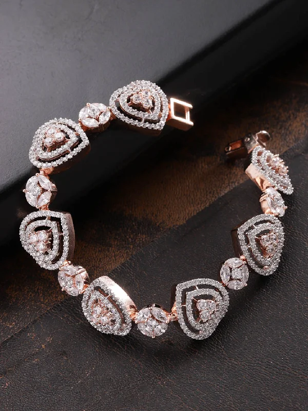 women’s oval-shaped bracelet-Priyaasi Women Rose Gold-Plated American Diamond Studded Link Bracelet in Heart Pattern