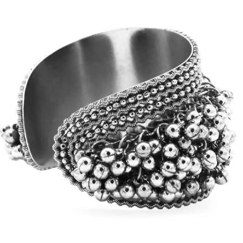 women’s multi-colored charm bracelet-Mominos Fashion Oxidised Silver Plated Openable Bracelet With Ghungroo