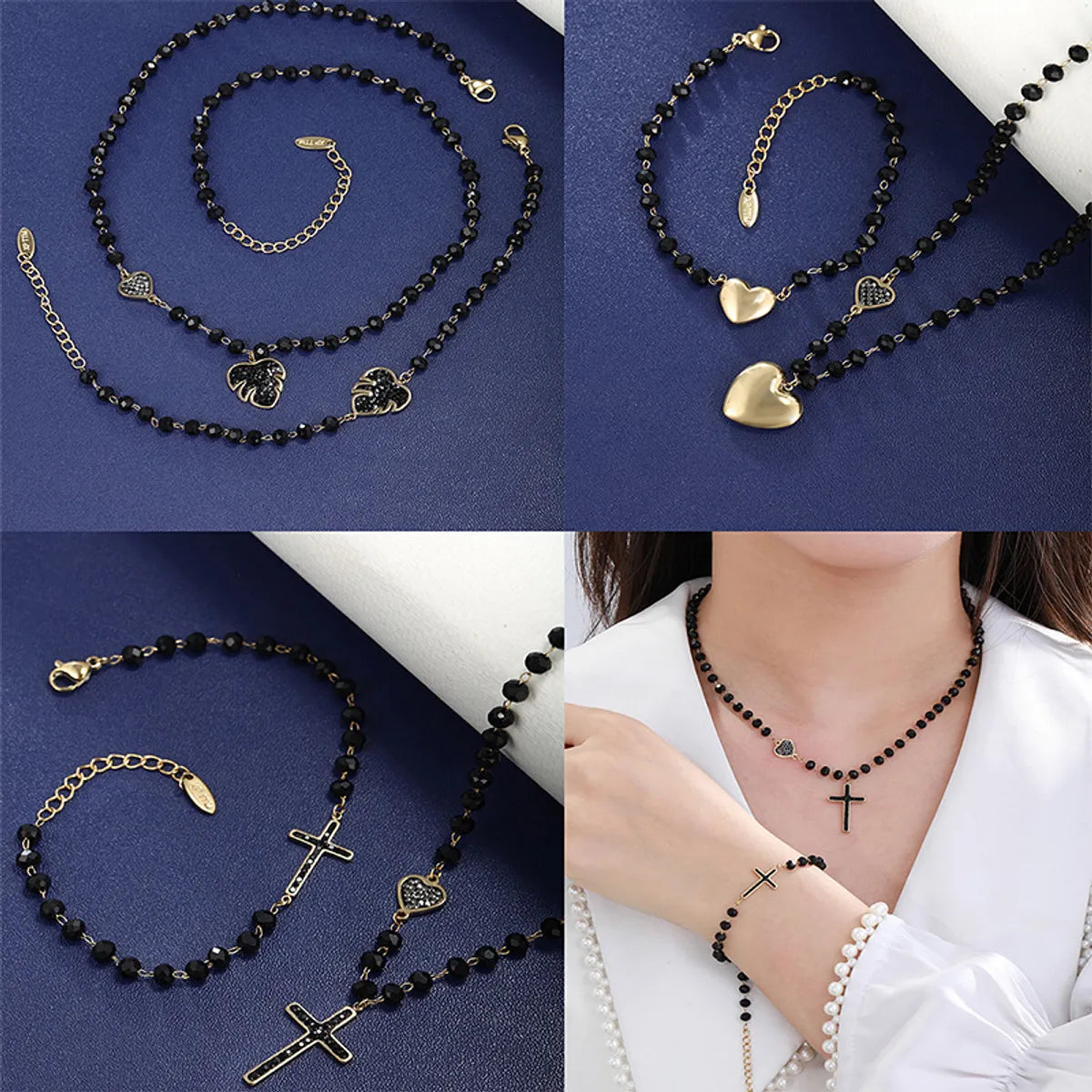 women’s beaded gold bracelet-Elegant Retro XUPING Cross Leaf Heart Shape 304 Stainless Steel Beaded Beaded Plating Artificial Gemstones 18K Gold Plated Women'S Bracelets Necklace