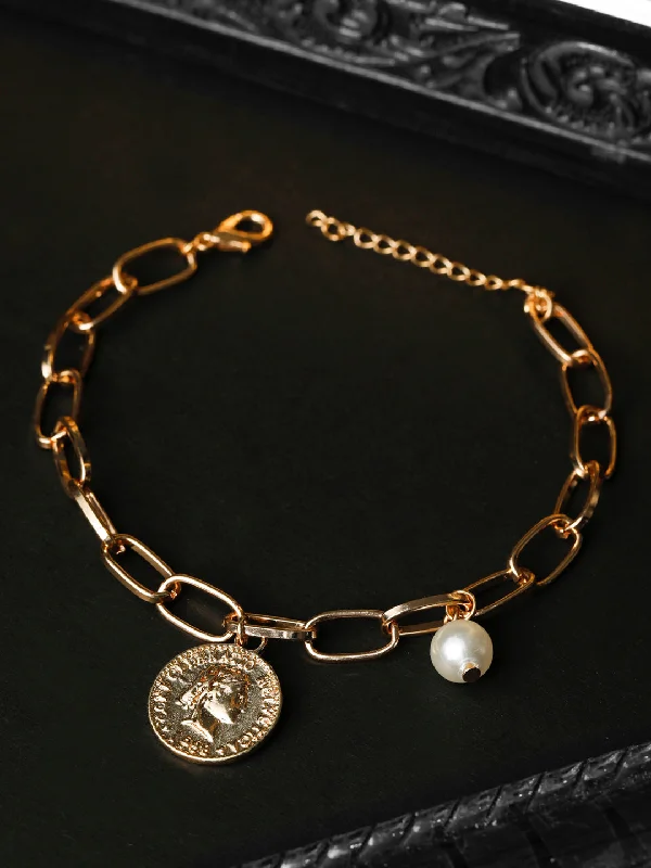 women’s gold link bracelet-Priyaasi Women White Pearls Rose Gold Plated Coin Link Bracelet