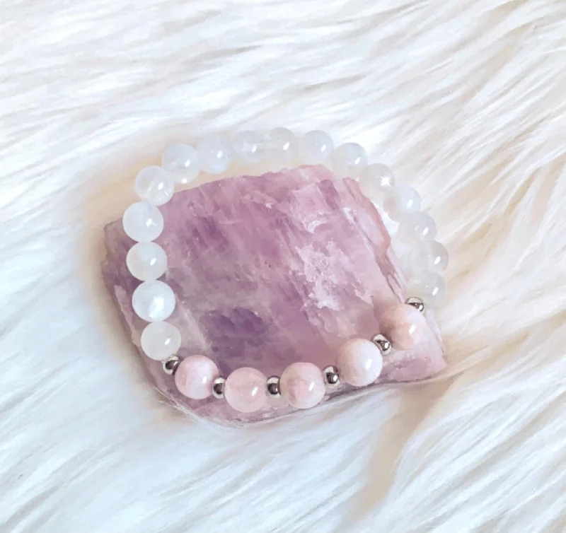 women’s bold cuff bracelet-KUNZITE & MOONSTONE mother’s bracelet- mothers intuition, new mom, soothes emotional instability