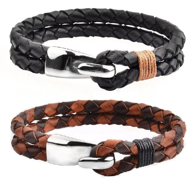 women’s statement bangle-Men's Stainless Steel Braided Leather Bracelet (11mm Wide)