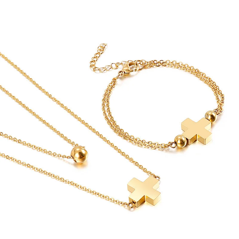 women’s large gold bracelet-Stainless Steel Cross Double Layer Necklace Bracelet Jewelry Set