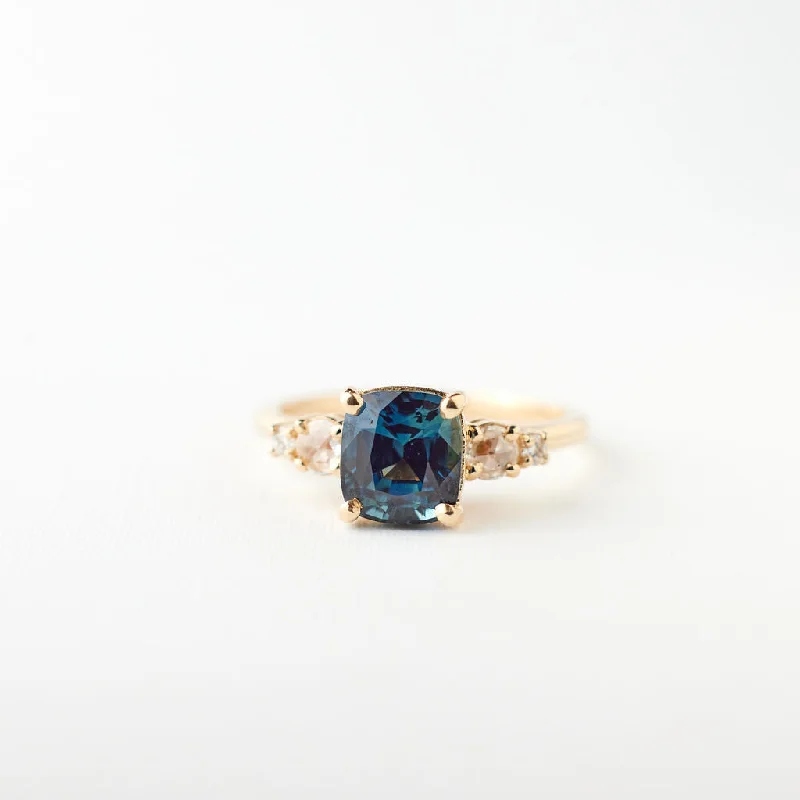 engagement rings with square diamonds-Isa Ring - 2.04 Carat Green Blue Cushion Sapphire