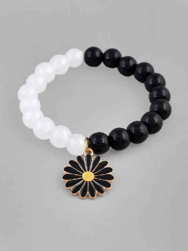 women’s hoop bracelet-VOJ Black White Beads Black Flower Elastic Bracelet