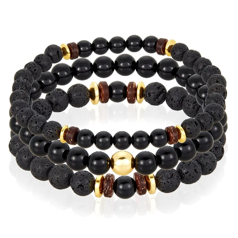 women’s pearl-studded bracelet-Natural Stone with Hematite and Lava Bead Stretch Bracelet Set of 3