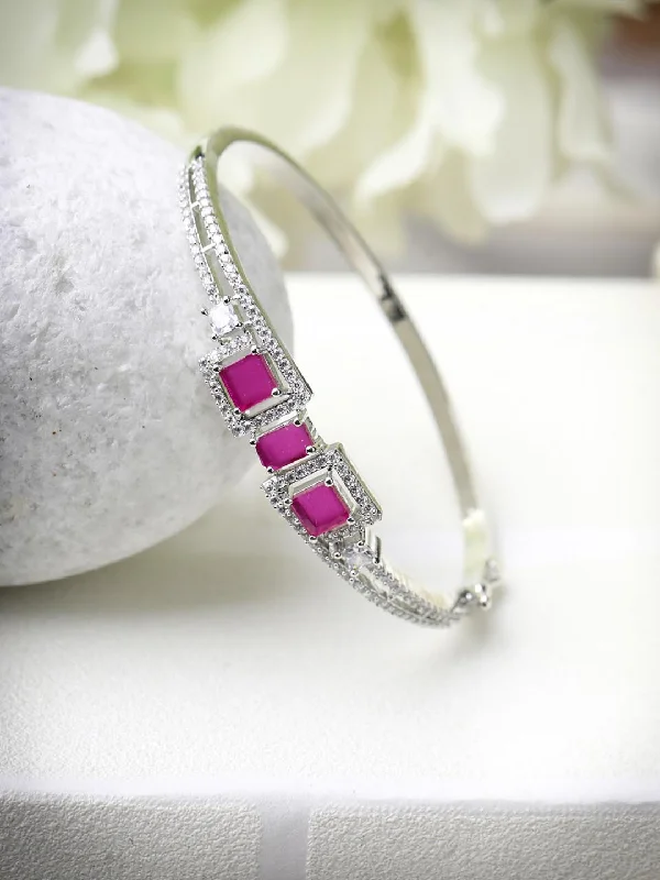 women’s polished bracelet-Priyaasi Women Magenta American Diamond Silver Plated Floral Bangle Style Bracelet