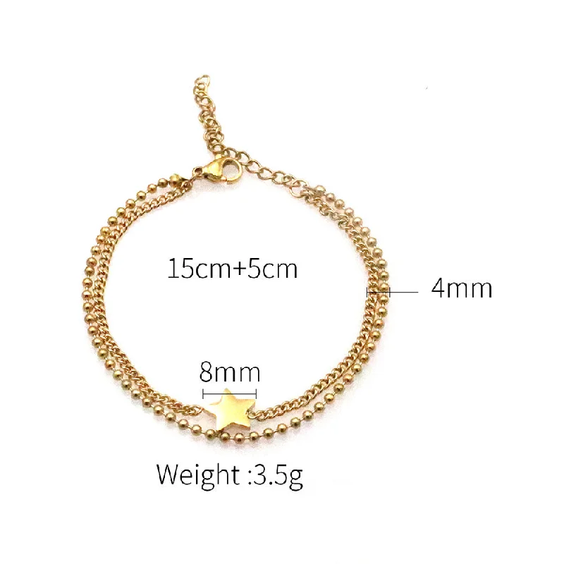 Round Beads, Curb Necklace Double-Layer Five-Pointed Star Bracelet-Gold