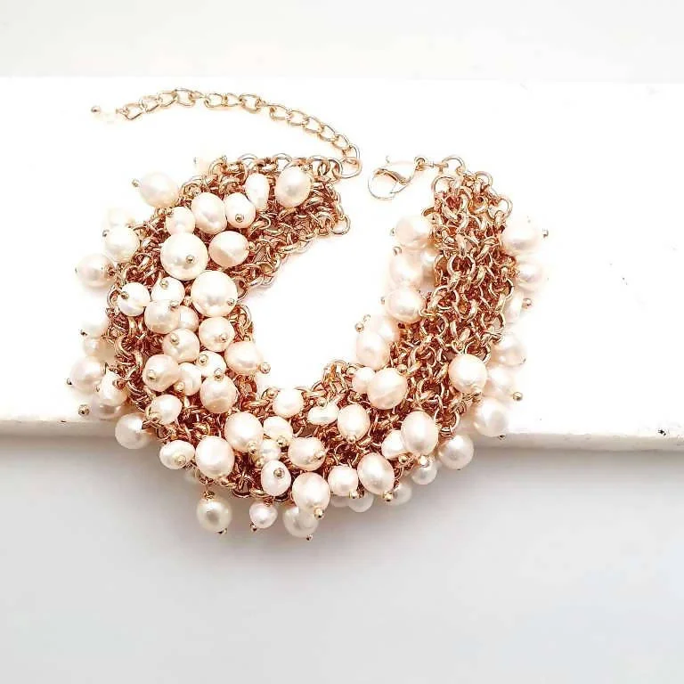 women’s fashionable bangle-Bling Accessories Cluster Pearl Bracelet with Baroque Pearls in Rose Gold Finish