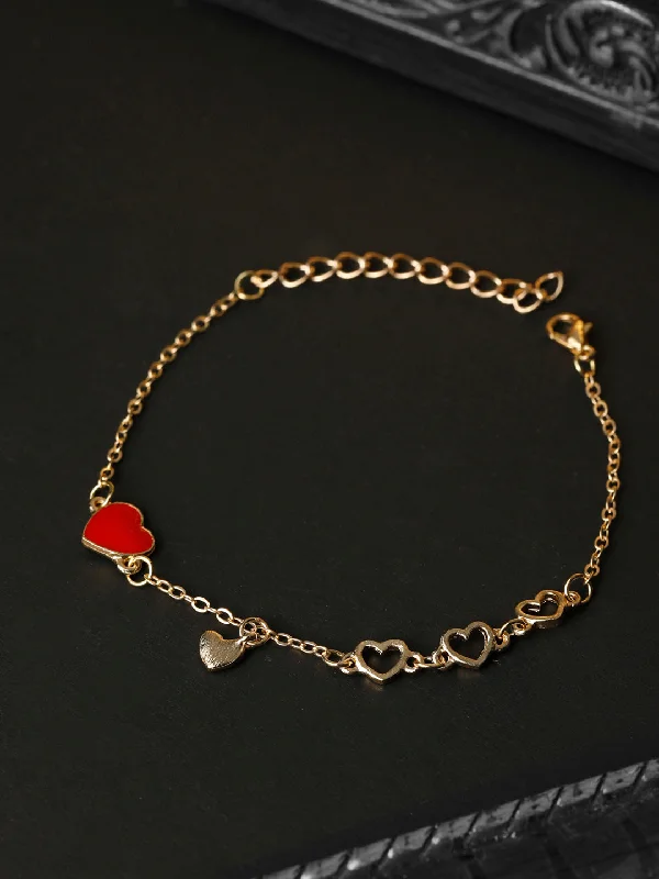 women’s lucky charm bracelet-Priyaasi Women Red Stones Gold Plated Heart Link Bracelet