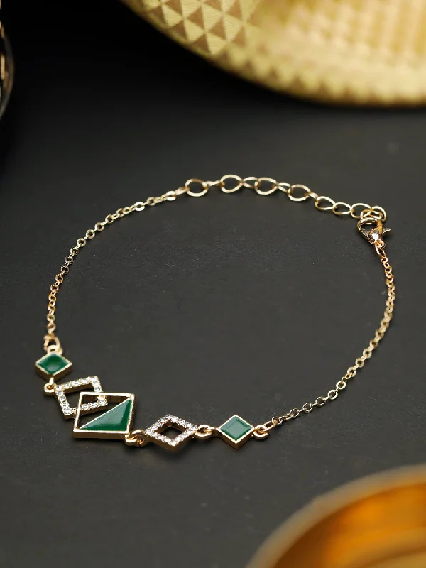 women’s friendship bracelet-Priyaasi Women Green Gold Plated Geometric Link Bracelet