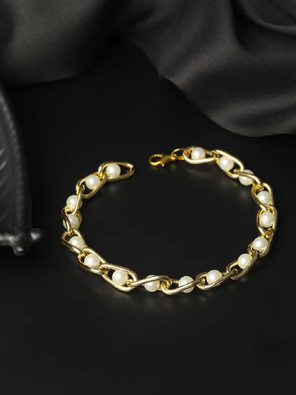 women’s magnetic bracelet-Priyaasi Women Pearl Gold Plated Linked Bracelet