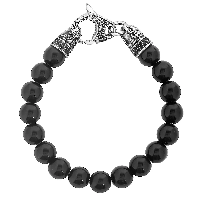 women’s classic bracelet-Men's Onyx Stone Antiqued Steel Bead Bracelet (10mm) - 8.5"