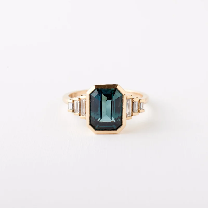 modern gemstone rings for engagement-Nina Ring - 3.05 Carat Emerald Cut Teal Sapphire