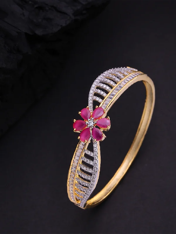 women’s multi-colored bangle-Priyaasi Women Gold-Plated American Diamond and Ruby Studded Floral Patterned Bracelet in Pink Color