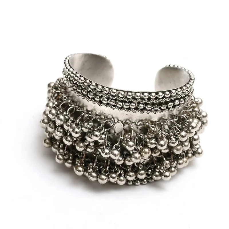 women’s wide cuff bracelet-Mominos Fashion Kamal Johar Oxidised Silver-Plated Ghungroo Handcraft Cuff Bracelet