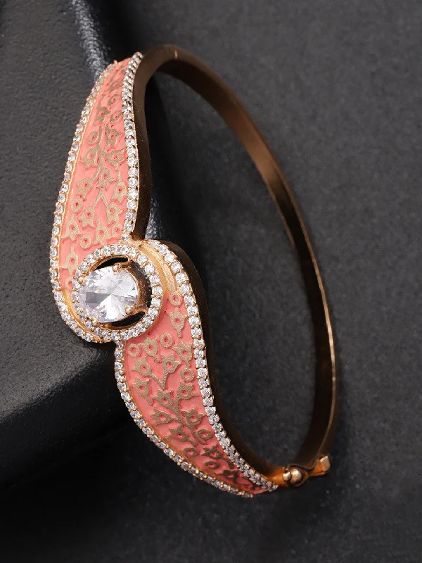 women’s pearl encrusted bracelet-Priyaasi Women Gold-Plated American Diamond Studded, Meenakari Bracelet in Peach Color