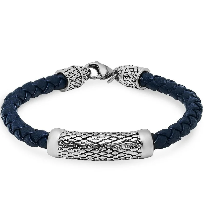 women’s etched bracelet-Oxford Ivy Braided Navy Blue Leather Bracelet with Lobster Claw Clasp ( 8 3/4 inches)