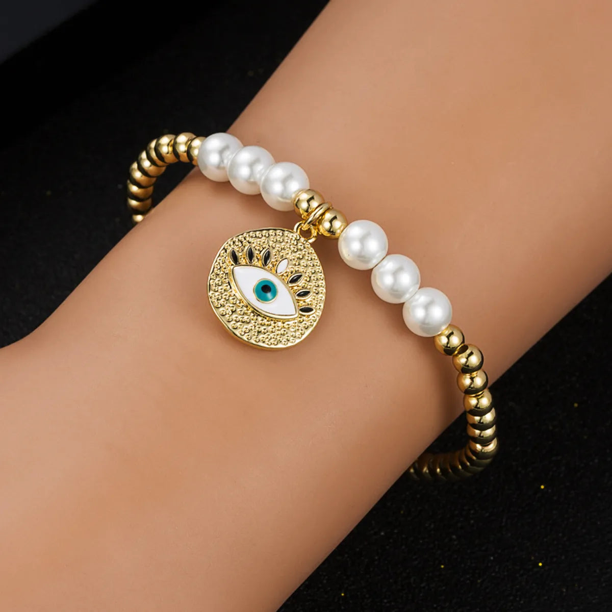 women’s crystal bangle-Fashion New Copper Gold-plated Oil Devil's Eye Bracelet Copper Beads Pearl Elastic Bracelet