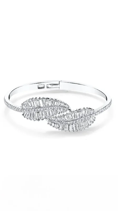 women’s studded bangle-Palm Leaf Diamond Bracelet in White Gold