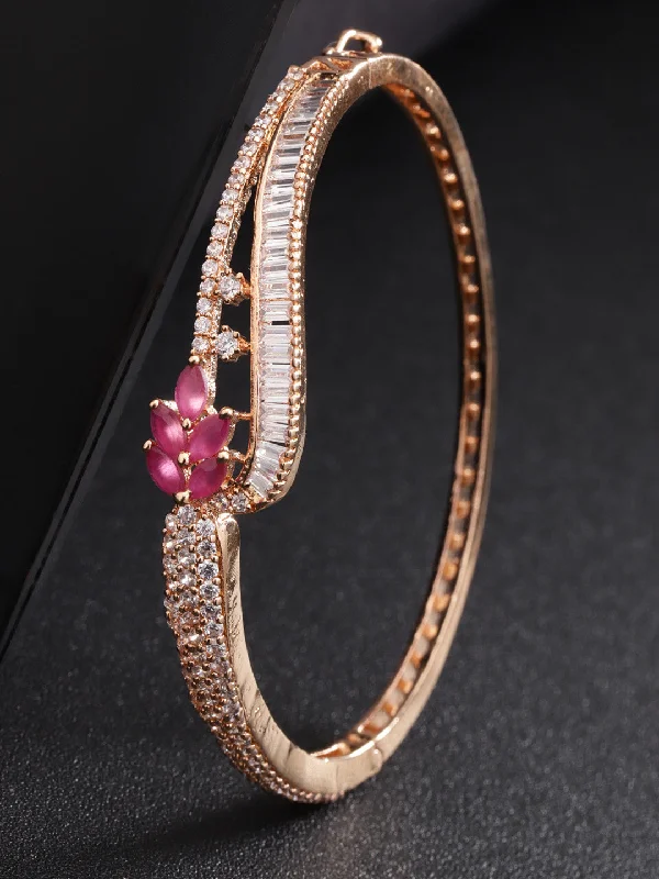 women’s chunky silver bracelet-Priyaasi Women Rose Gold-Plated Ruby and American Diamond Studded Bracelet in Floral Pattern